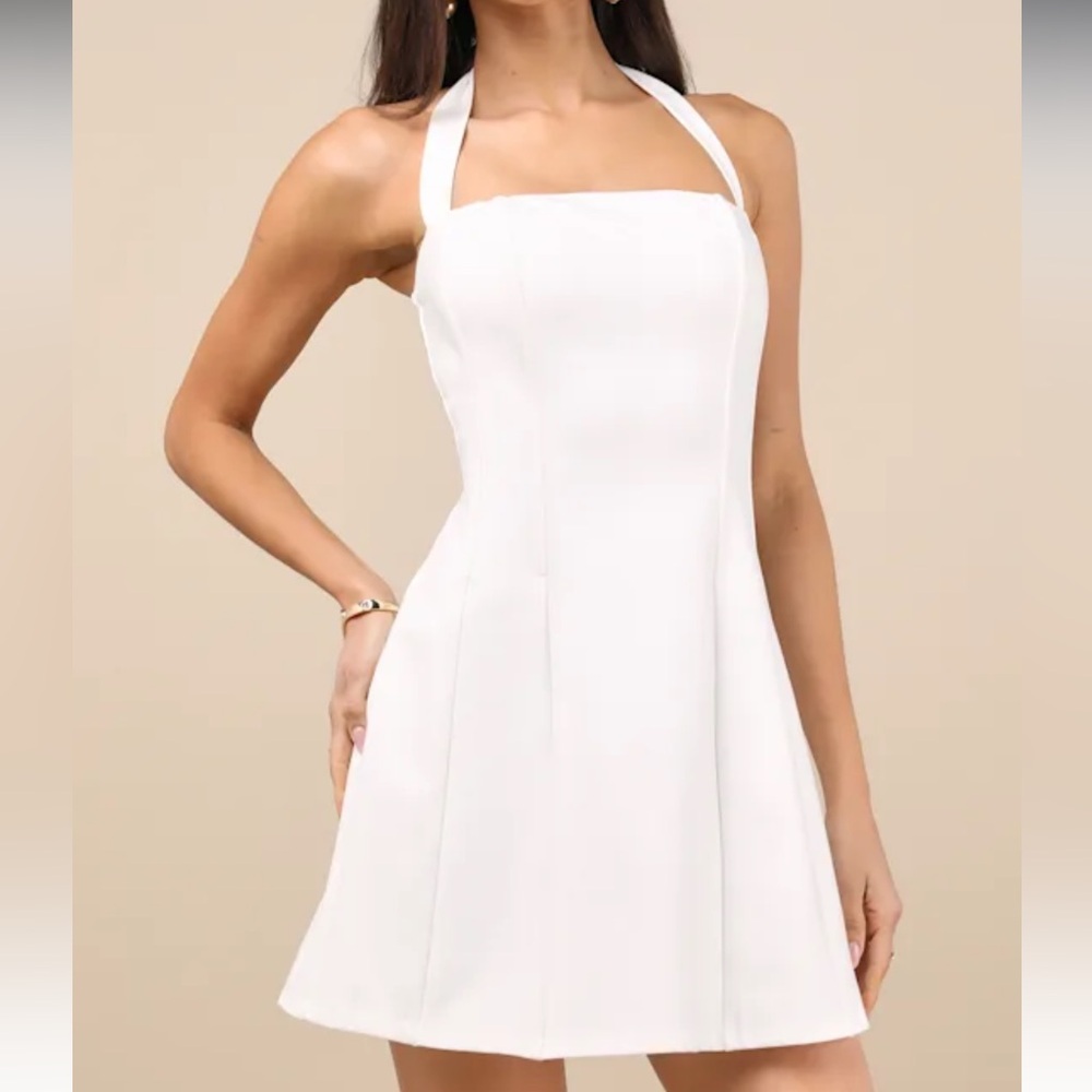 Sariah White Ponte Knit Halter Mini Dress